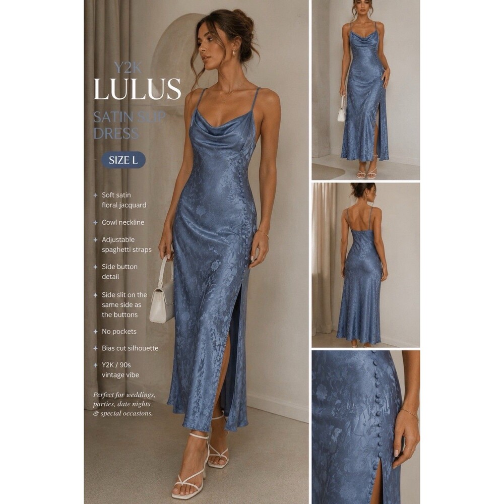 Y2K Lulus Blue Satin Floral Slip Dress Cowl Neck Bias Cut Midi Gown Fairycore L